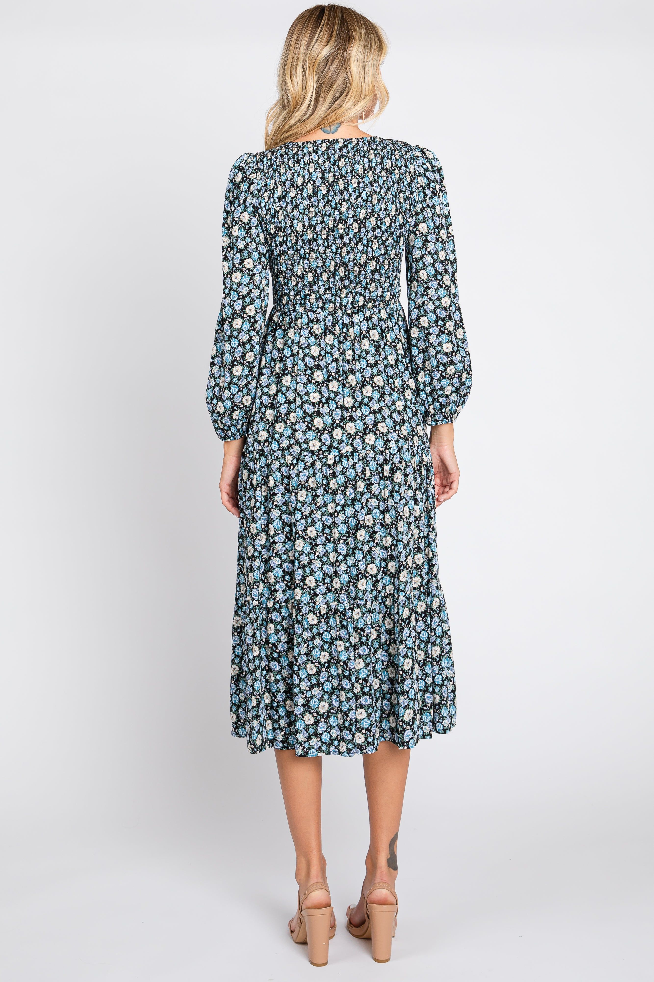 Black Floral Smocked 3/4 Sleeve Midi Dress sold by Pinkblush product image thumbnail 3