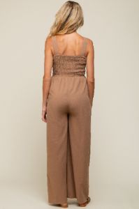 Mocha Smocked Button Accent Linen Maternity Jumpsuit sold by Pinkblush