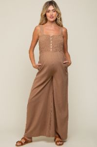 Mocha Smocked Button Accent Linen Maternity Jumpsuit sold by Pinkblush