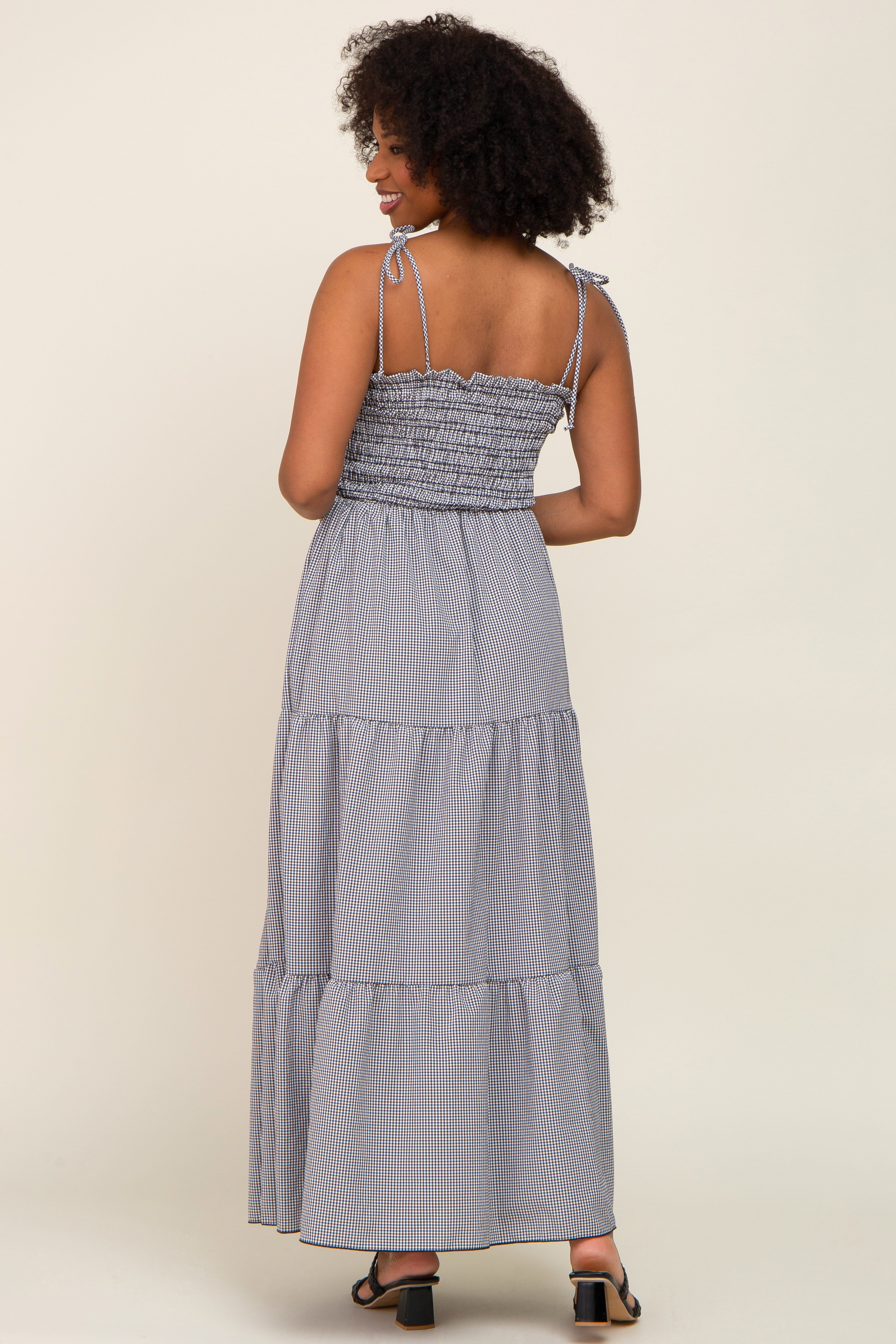 Black Gingham Smocked Shoulder Tie Tiered Maternity Maxi Dress sold by Pinkblush product image thumbnail 3