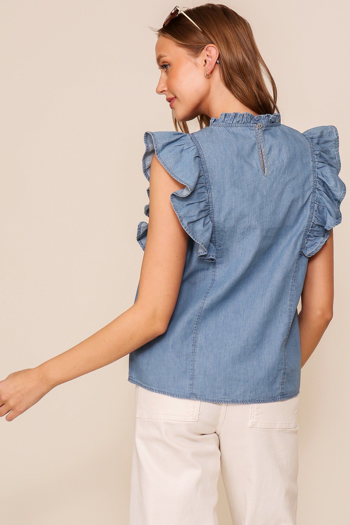 Light Denim Ruffle Trim Denim Top sold by Pinkblush product image thumbnail 3