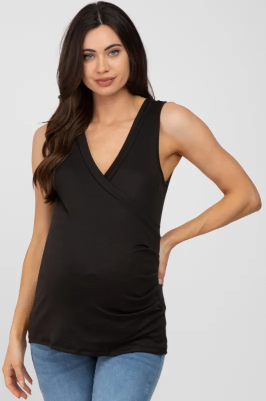 Black Crossover Ruched Maternity Nursing Tank sold by Pinkblush