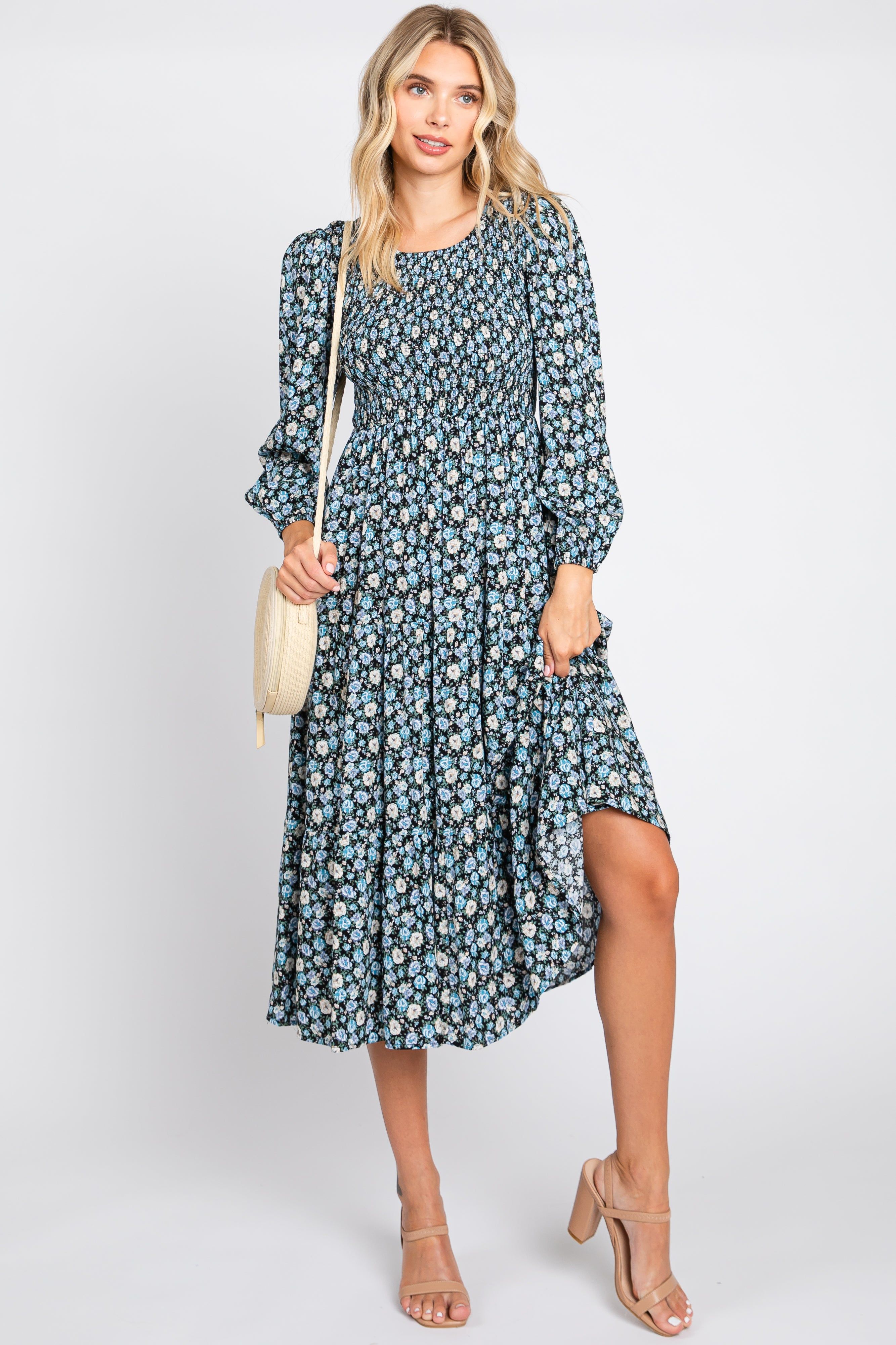 Black Floral Smocked 3/4 Sleeve Midi Dress sold by Pinkblush product image thumbnail 4