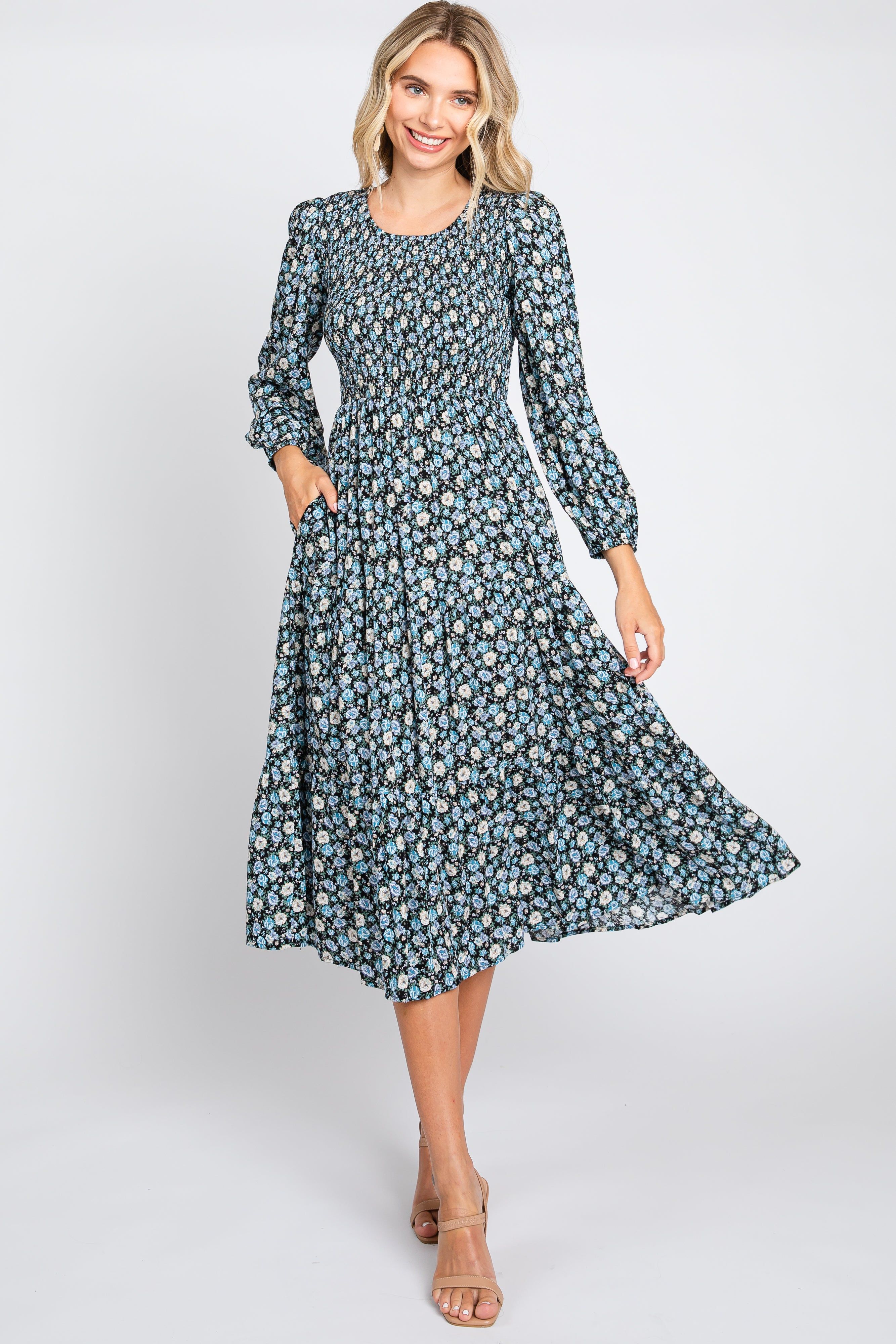 Black Floral Smocked 3/4 Sleeve Midi Dress sold by Pinkblush