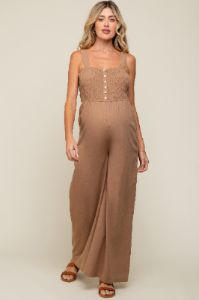Mocha Smocked Button Accent Linen Maternity Jumpsuit sold by Pinkblush