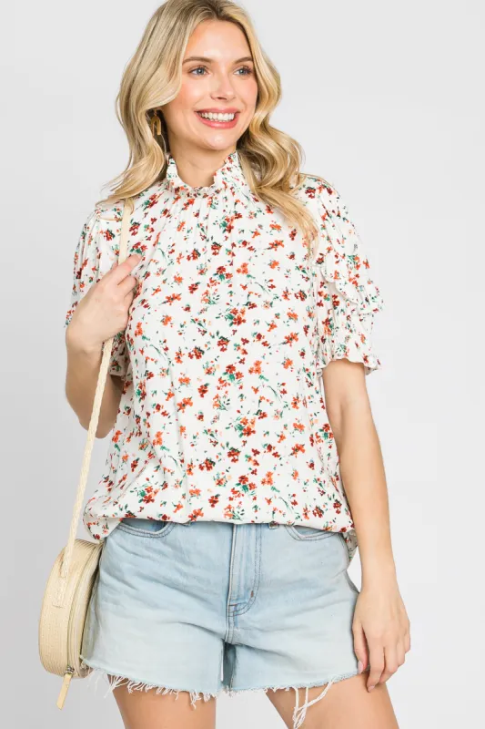 Orange Floral Ruffle Mock Neck Blouse sold by Pinkblush