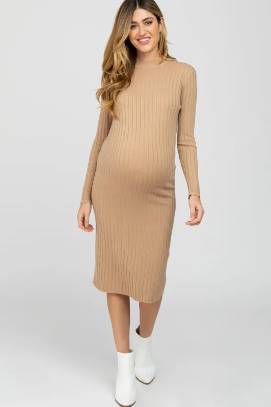 Beige Knit Mock Neck Maternity Midi Dress sold by Pinkblush