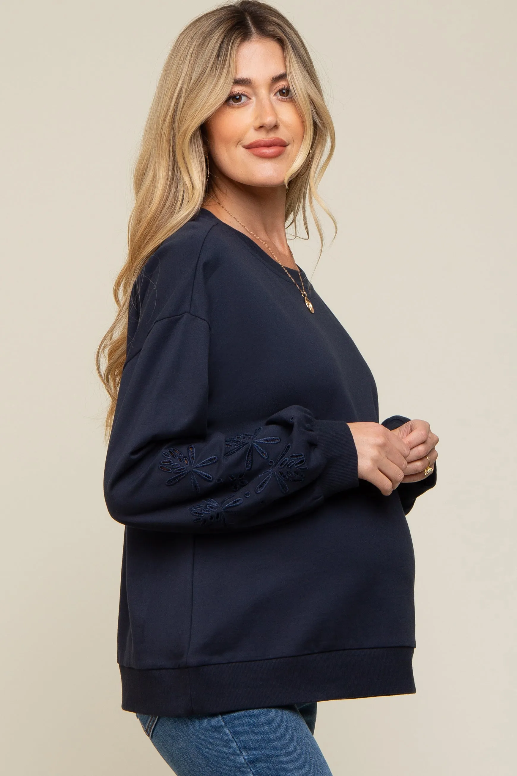 Navy Embroidered Long Sleeve Maternity Top sold by Pinkblush product image thumbnail 2