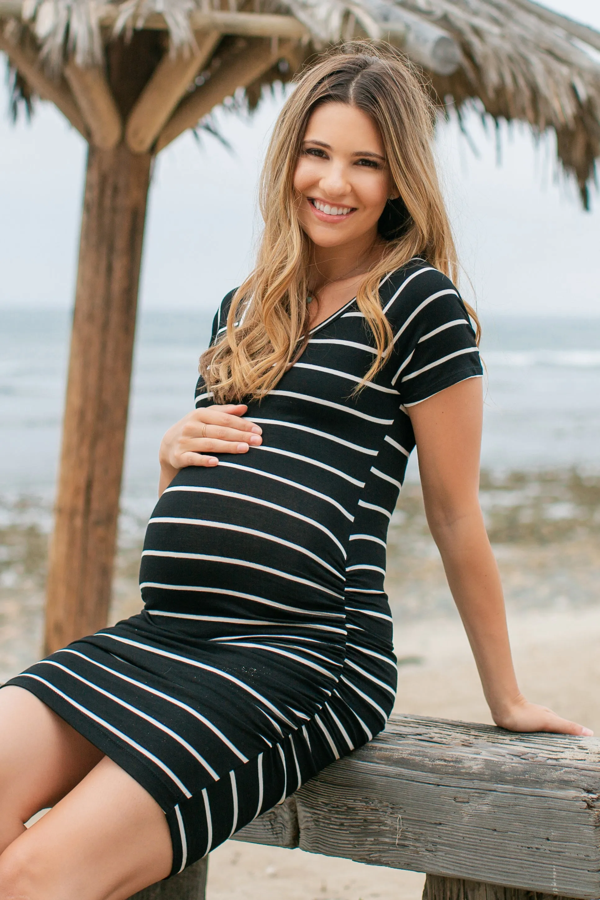Black Striped Ruched Bodycon Maternity Dress sold by Pinkblush product image thumbnail 5