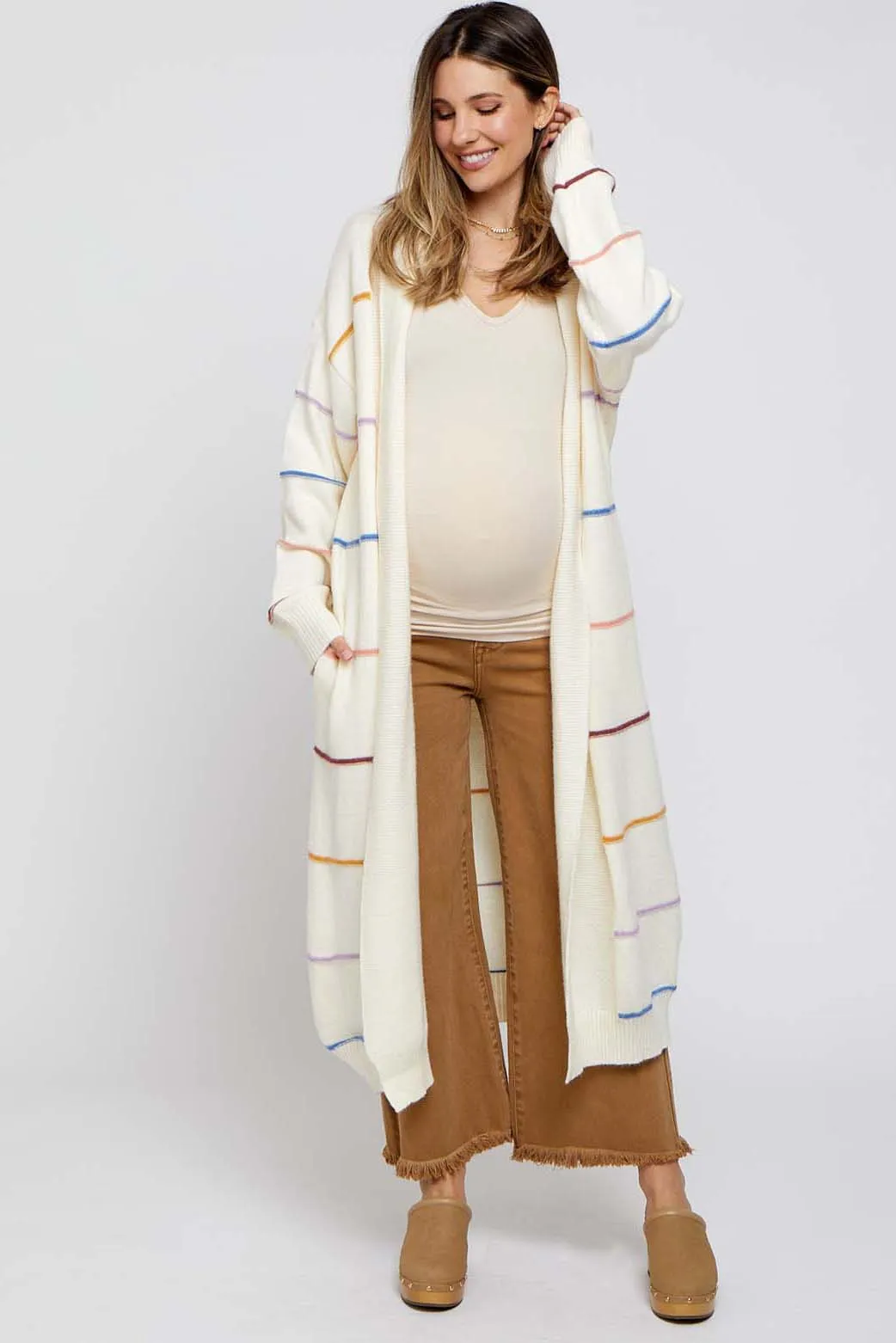 Cream Striped Open Front Maternity Cardigan sold by Pinkblush