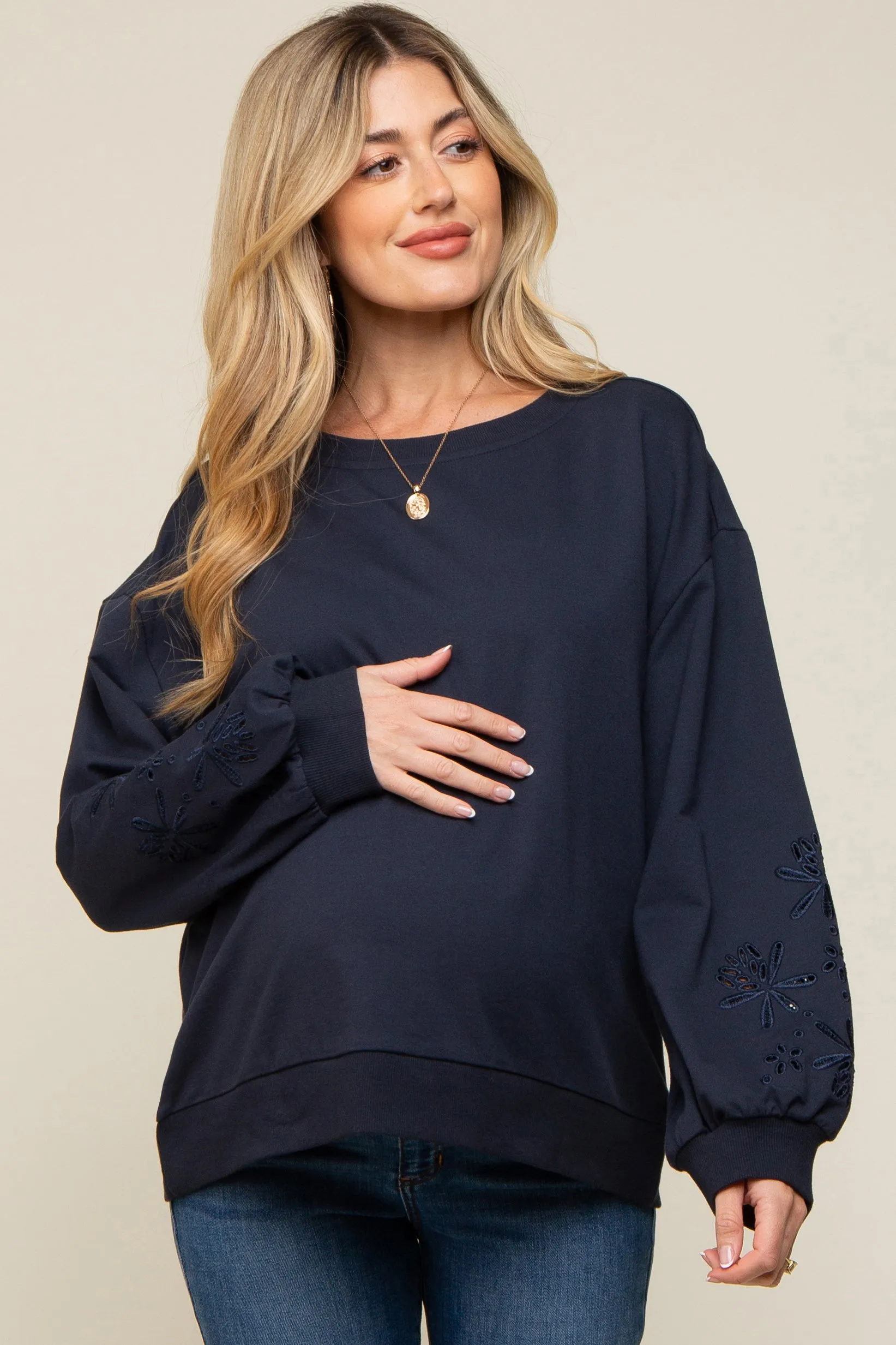 Navy Embroidered Long Sleeve Maternity Top sold by Pinkblush