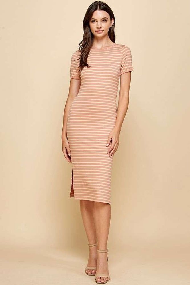 Mocha Stripe Ringer Midi Dress With Side Slit sold by Pinkblush