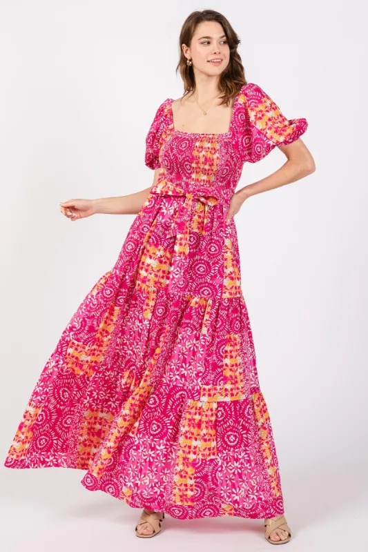 Fuchsia Floral Smocked Short Puff Sleeve Tiered Maxi Dress sold by Pinkblush