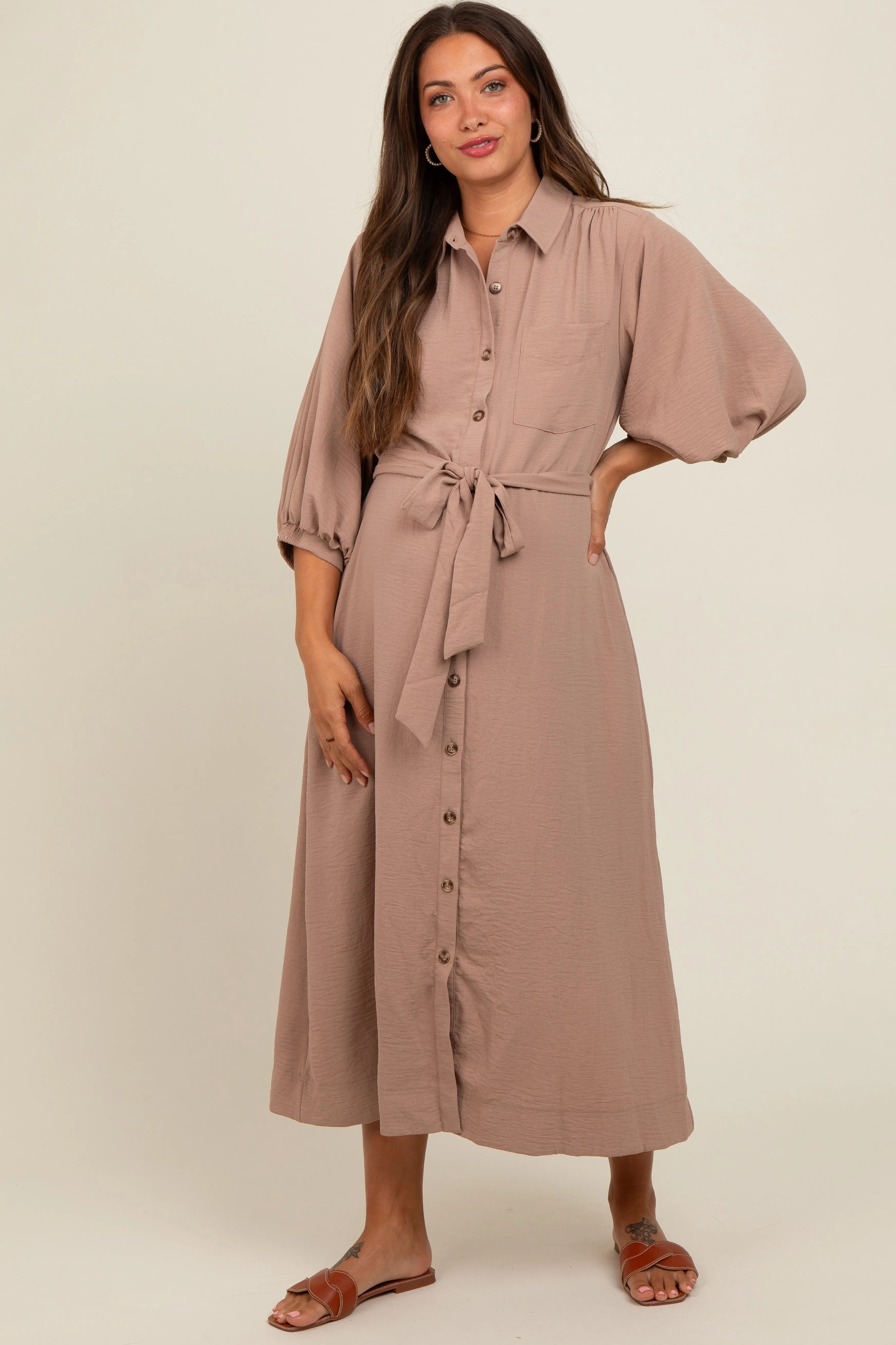 Mocha Button Down Maternity Shirt Dress sold by Pinkblush