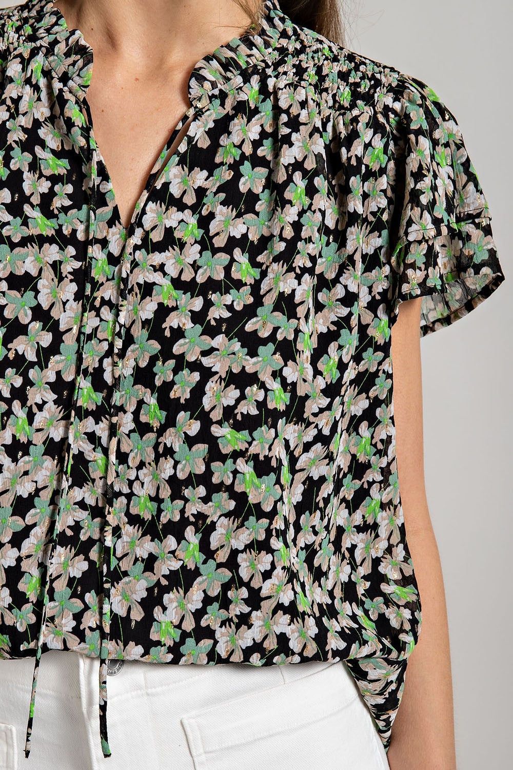 Black Floral Chiffon Smocked Shoulder Short Sleeve Blouse sold by Pinkblush product image thumbnail 5