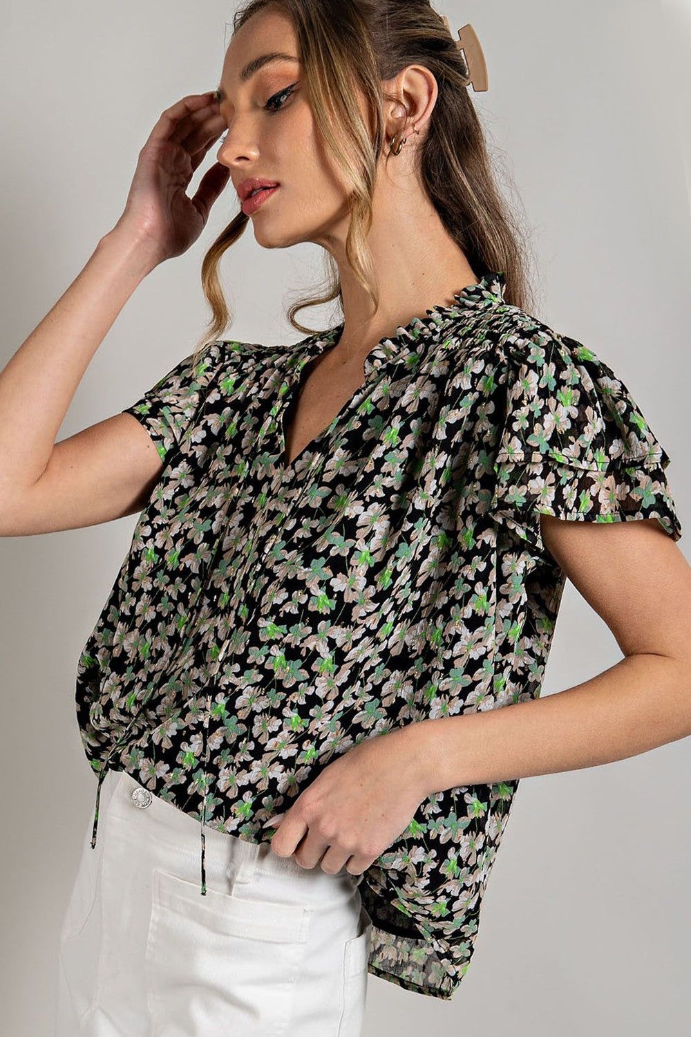 Black Floral Chiffon Smocked Shoulder Short Sleeve Blouse sold by Pinkblush product image thumbnail 2