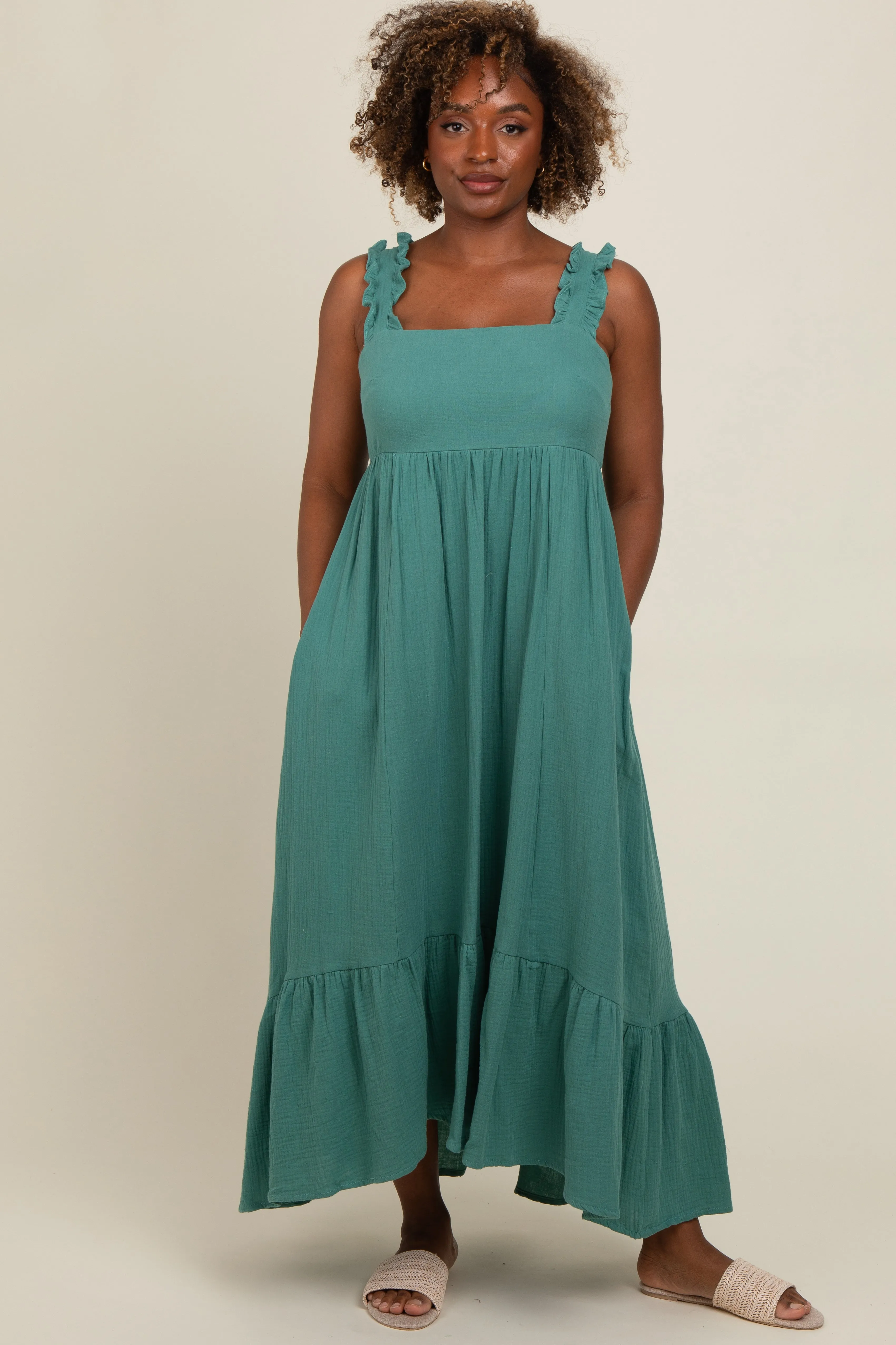 Forest Green Ruffle Strap Cutout Back Tie Maternity Dress sold by Pinkblush product image thumbnail 4