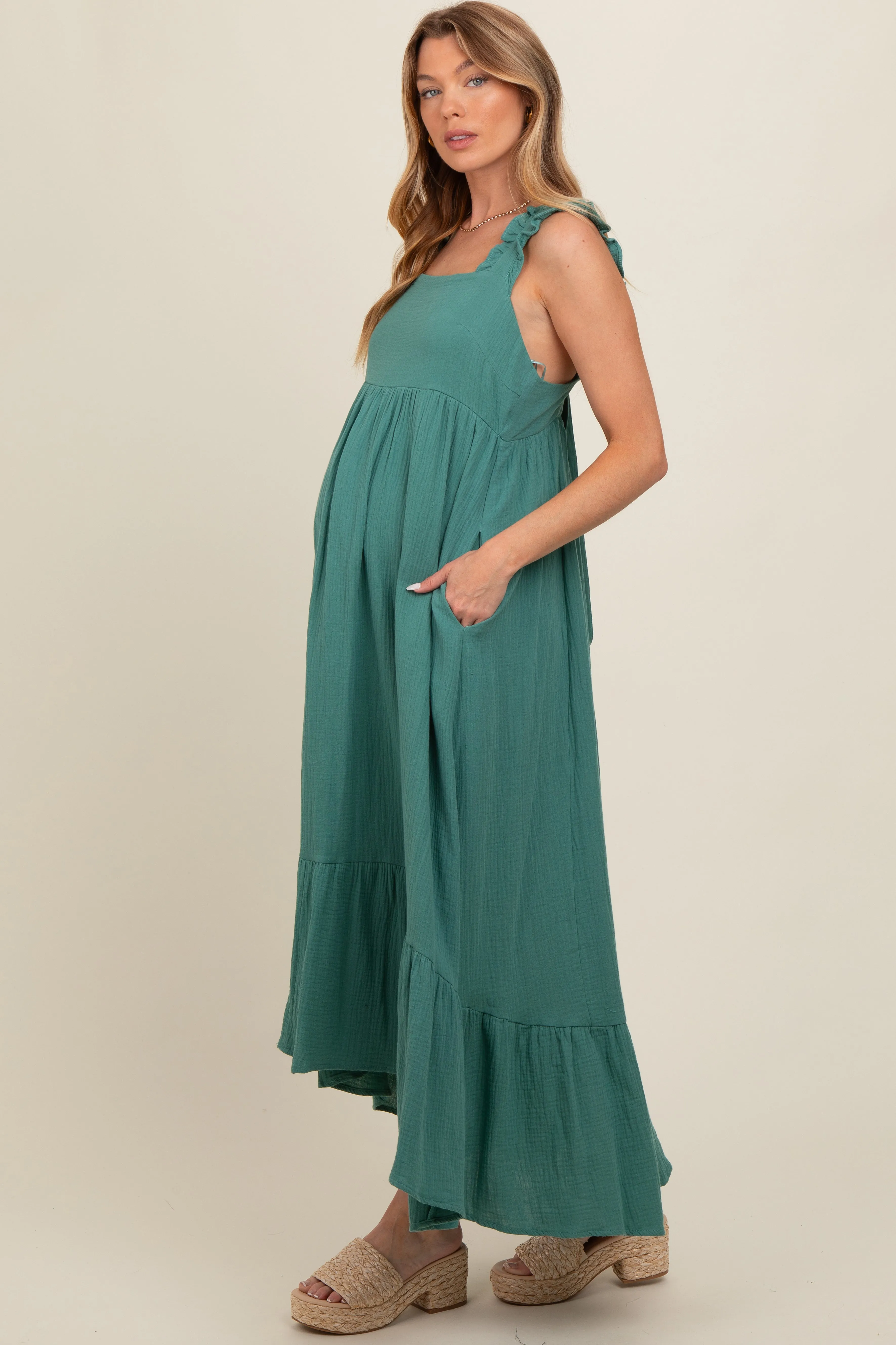 Forest Green Ruffle Strap Cutout Back Tie Maternity Dress sold by Pinkblush
