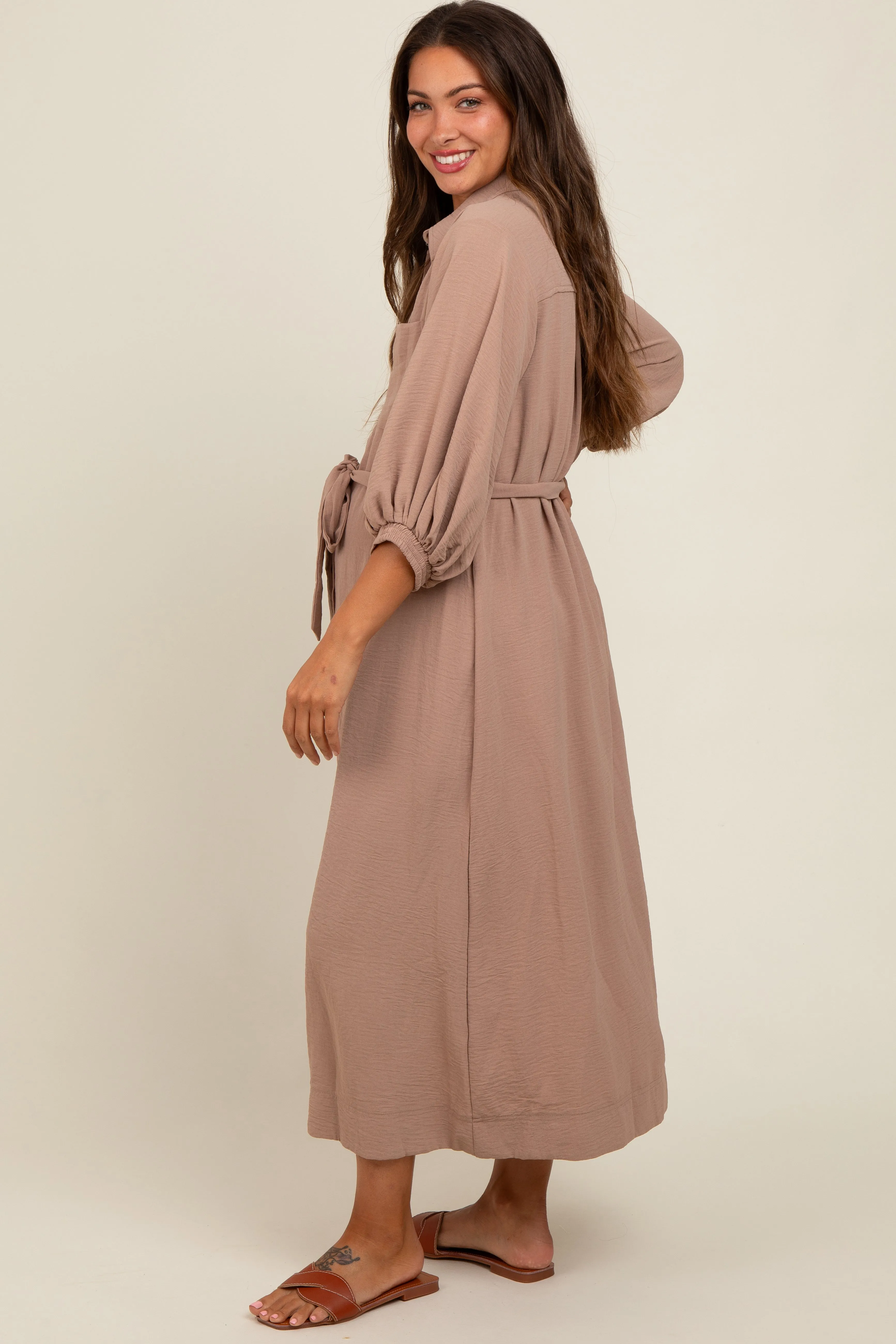Mocha Button Down Maternity Shirt Dress sold by Pinkblush product image thumbnail 2