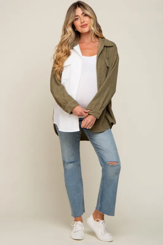 Olive Color Block Corduroy Button Down Maternity Top sold by Pinkblush