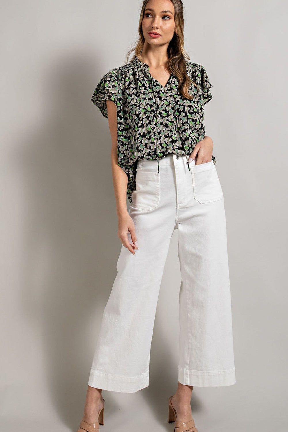 Black Floral Chiffon Smocked Shoulder Short Sleeve Blouse sold by Pinkblush product image thumbnail 6