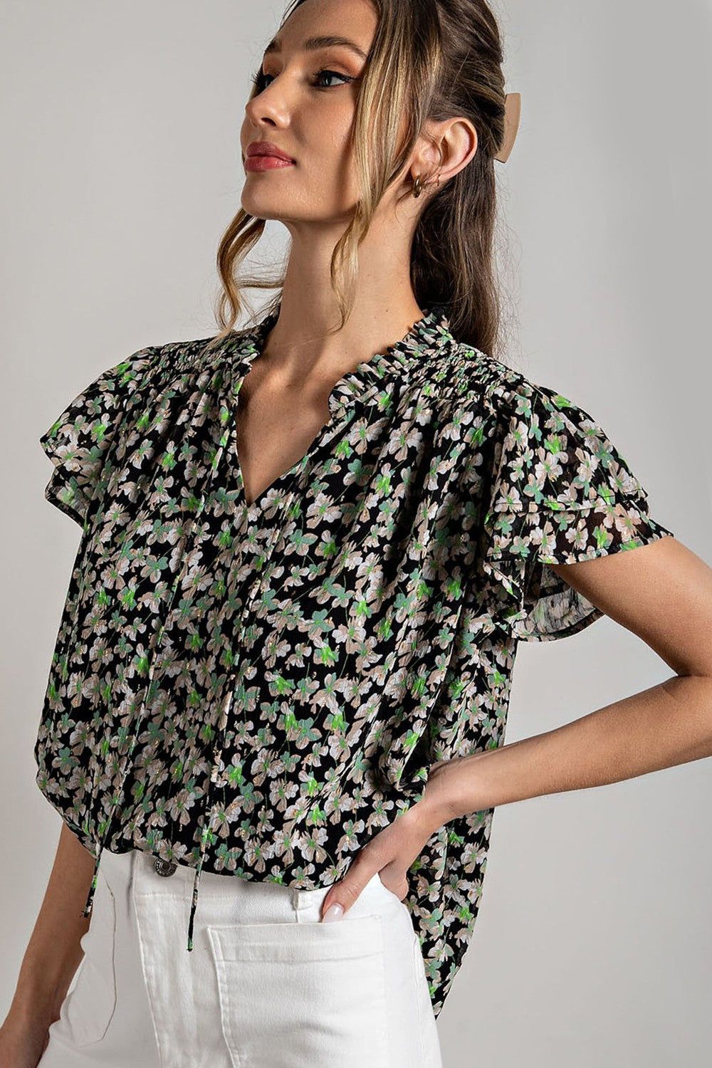 Black Floral Chiffon Smocked Shoulder Short Sleeve Blouse sold by Pinkblush product image thumbnail 3