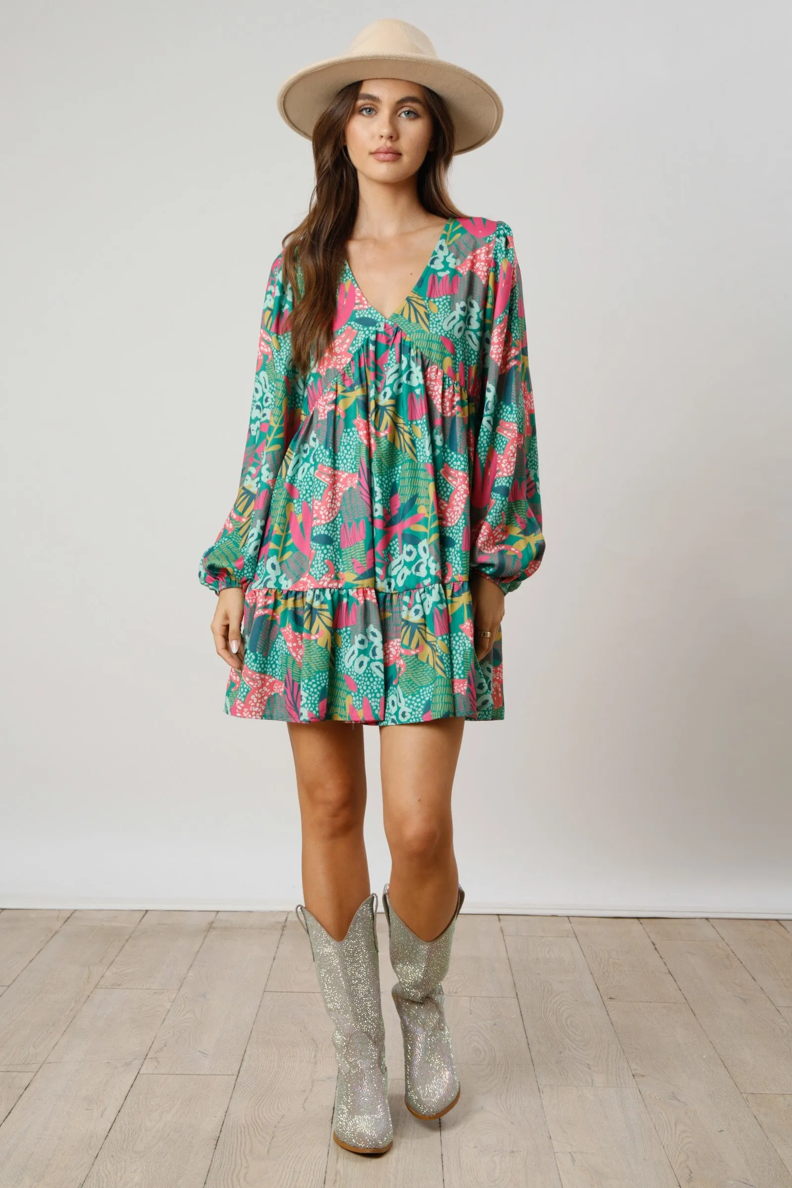 Green Floral V-Neck Ruffle Hem Dress sold by Pinkblush product image thumbnail 4