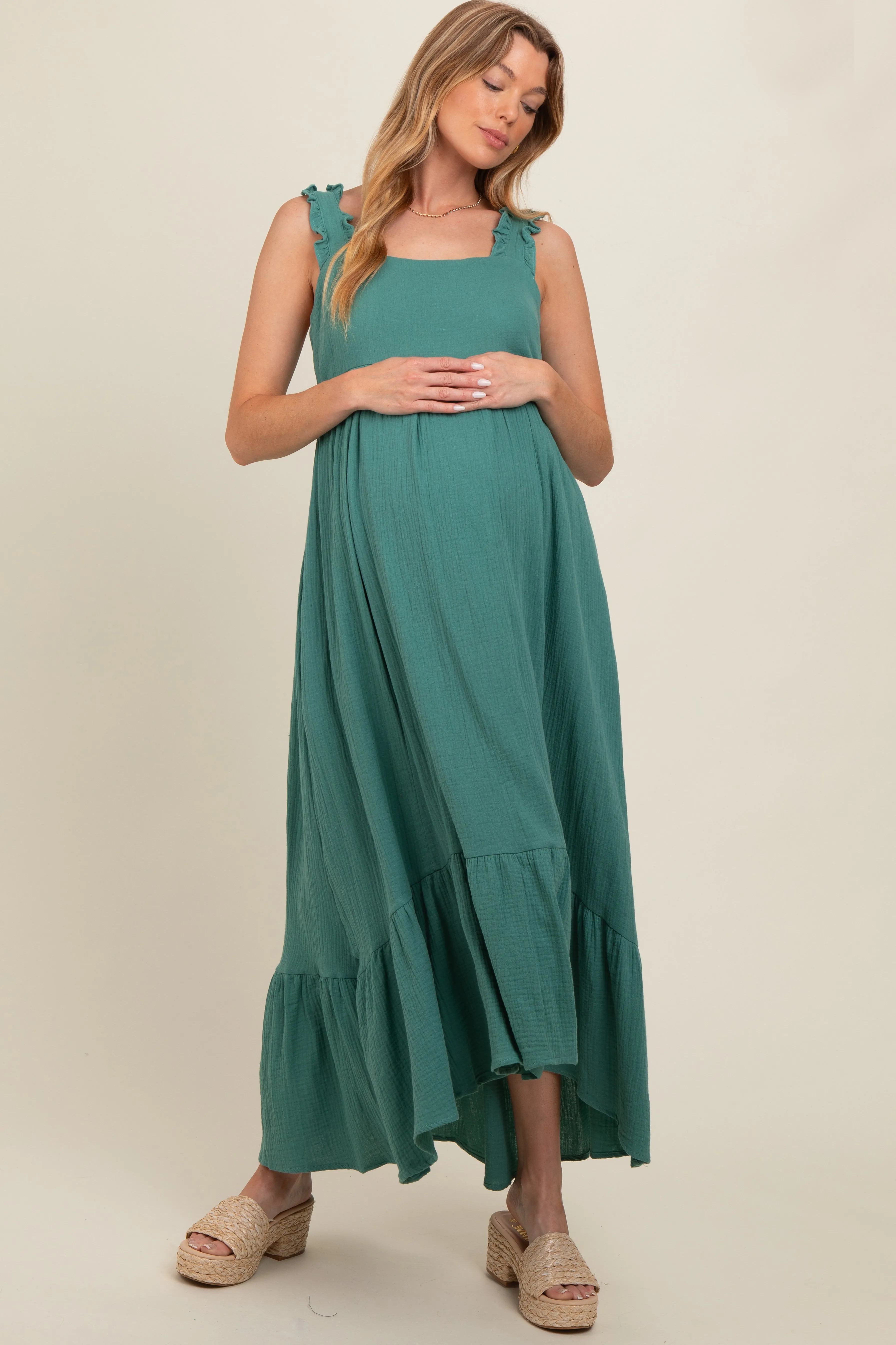 Forest Green Ruffle Strap Cutout Back Tie Maternity Dress sold by Pinkblush product image thumbnail 2