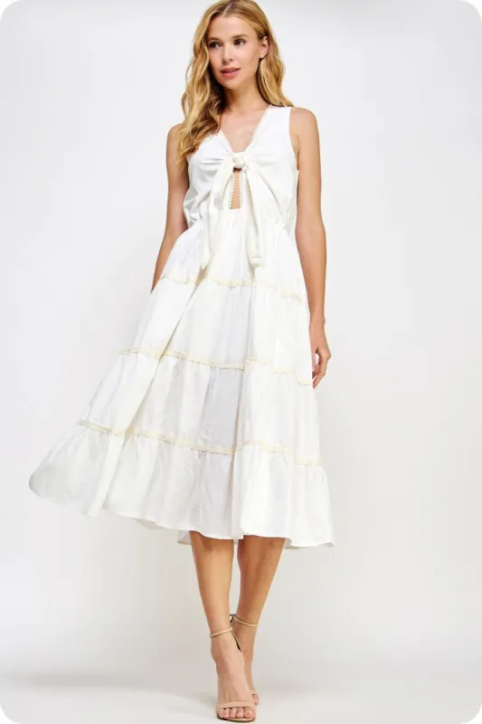 White Braid Trim Detail Front Tie Sleeveless Midi Dress sold by Pinkblush
