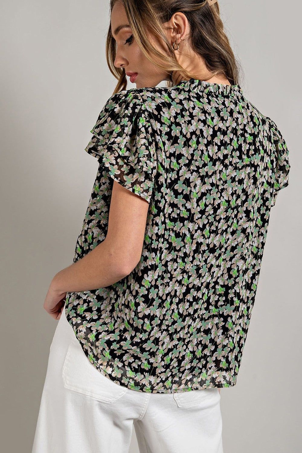 Black Floral Chiffon Smocked Shoulder Short Sleeve Blouse sold by Pinkblush product image thumbnail 4