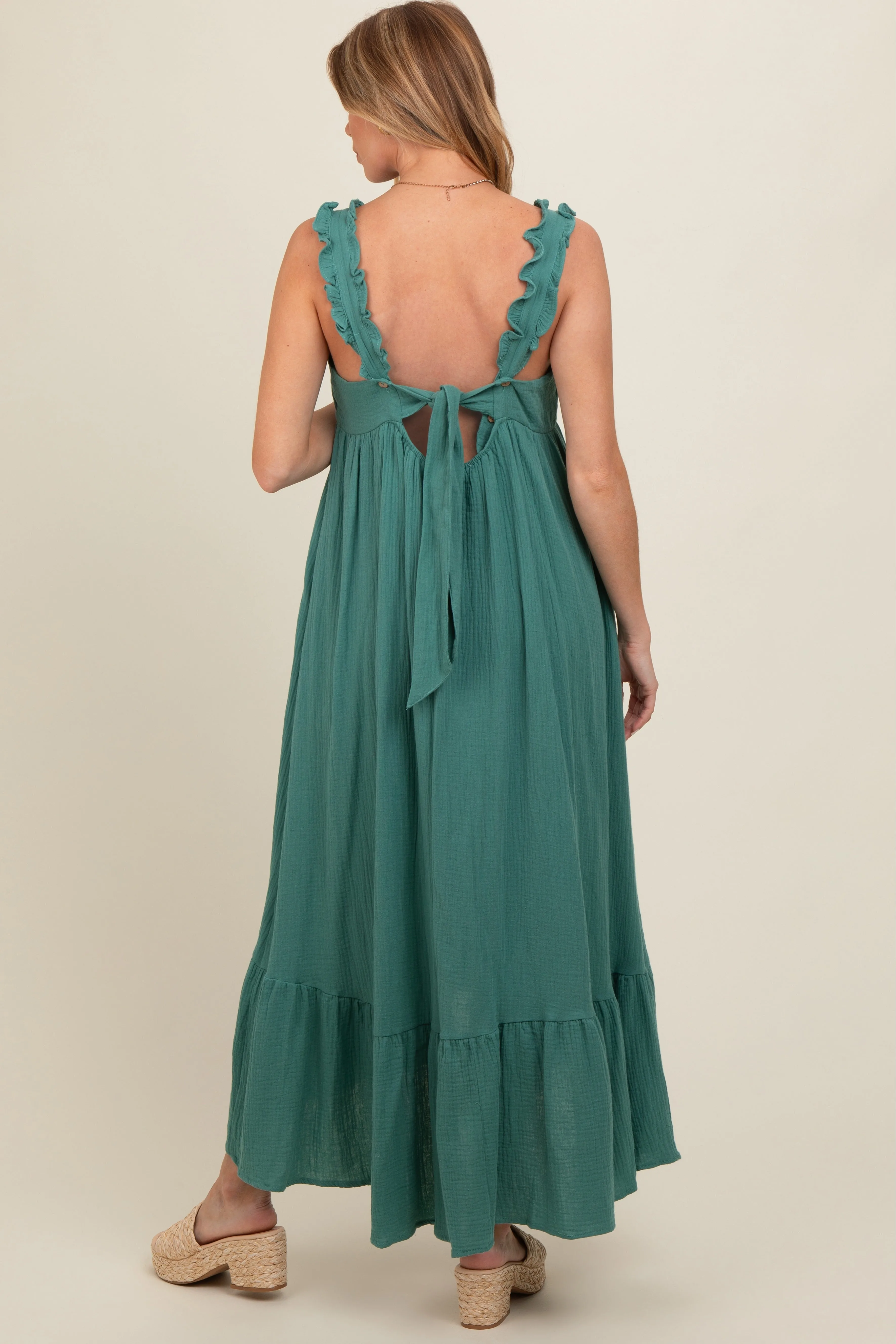 Forest Green Ruffle Strap Cutout Back Tie Maternity Dress sold by Pinkblush product image thumbnail 3