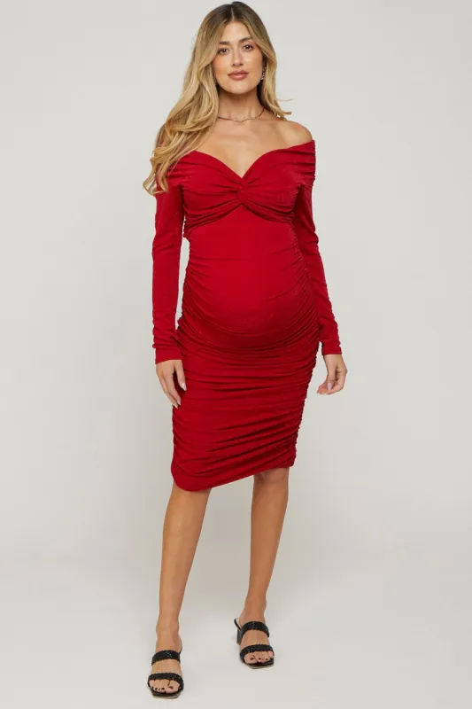 Red Off Shoulder Glitter Ruched Maternity Midi Dress sold by Pinkblush