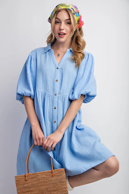 Light Blue Button Down Bubble Sleeve Collared Dress sold by Pinkblush
