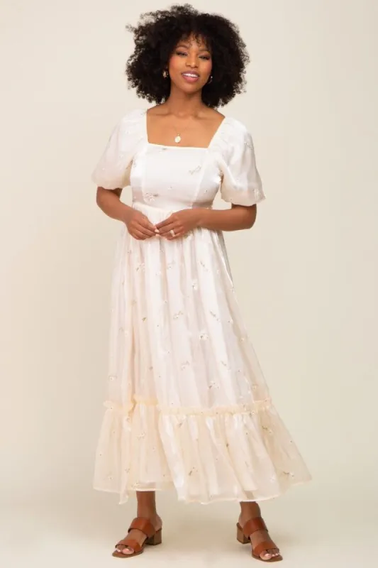 Cream Floral Embroidered Puff Sleeve Maxi Dress sold by Pinkblush