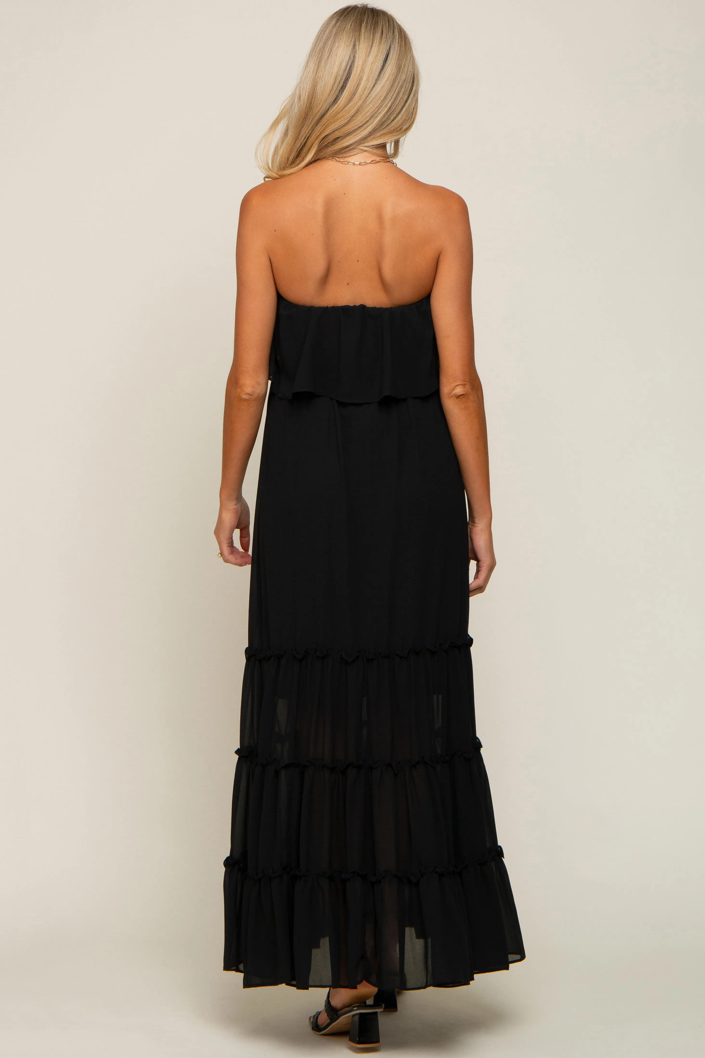 Black Chiffon Strapless Ruffle Tiered Maternity Maxi Dress sold by Pinkblush product image thumbnail 4