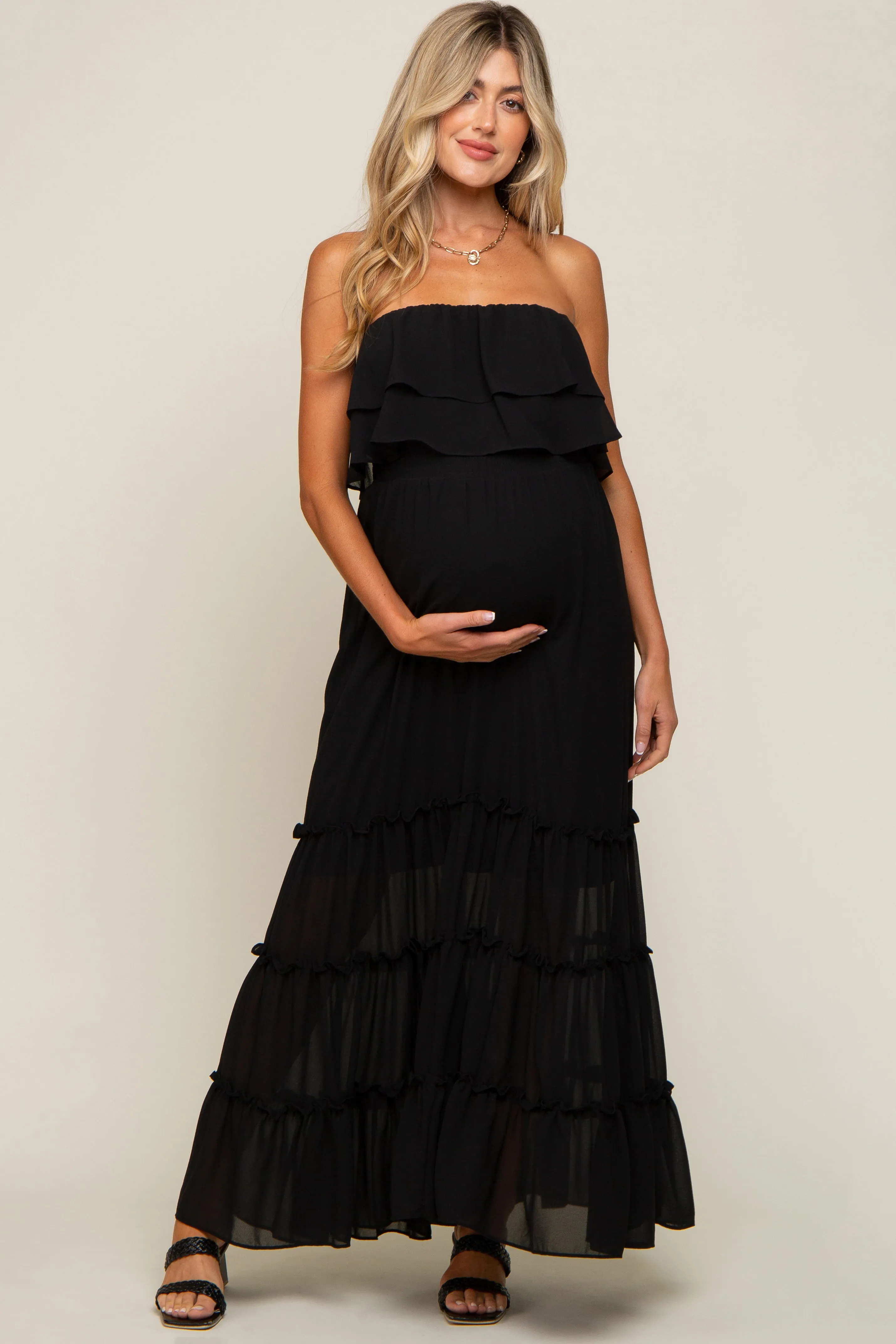 Black Chiffon Strapless Ruffle Tiered Maternity Maxi Dress sold by Pinkblush