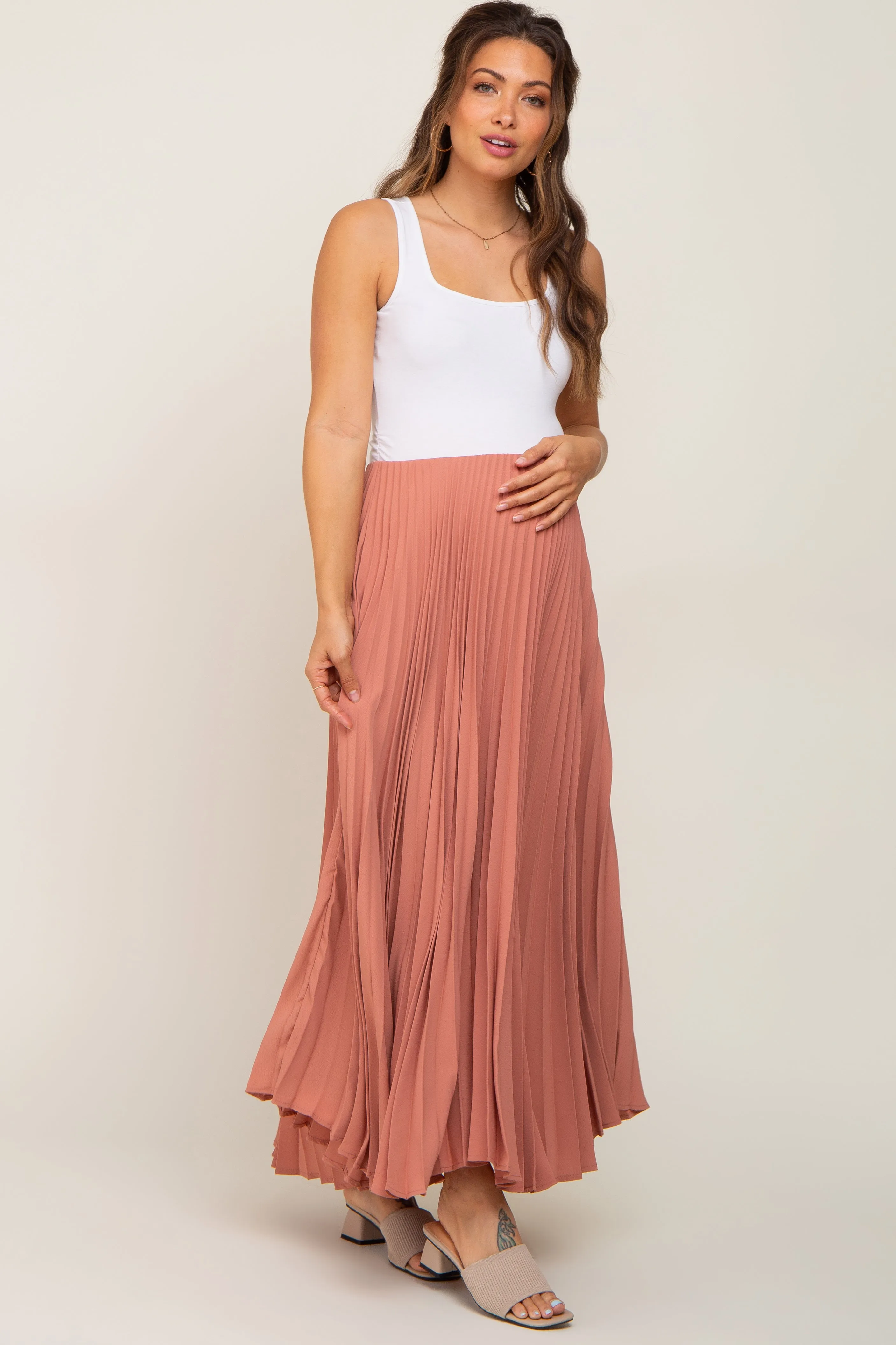 Mauve Pleated Maternity Maxi Skirt sold by Pinkblush