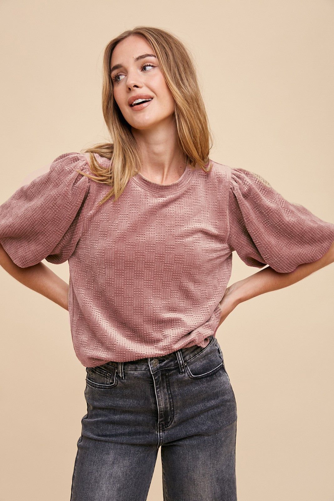 Mauve Texture Velvet Bubble Sleeve Top sold by Pinkblush