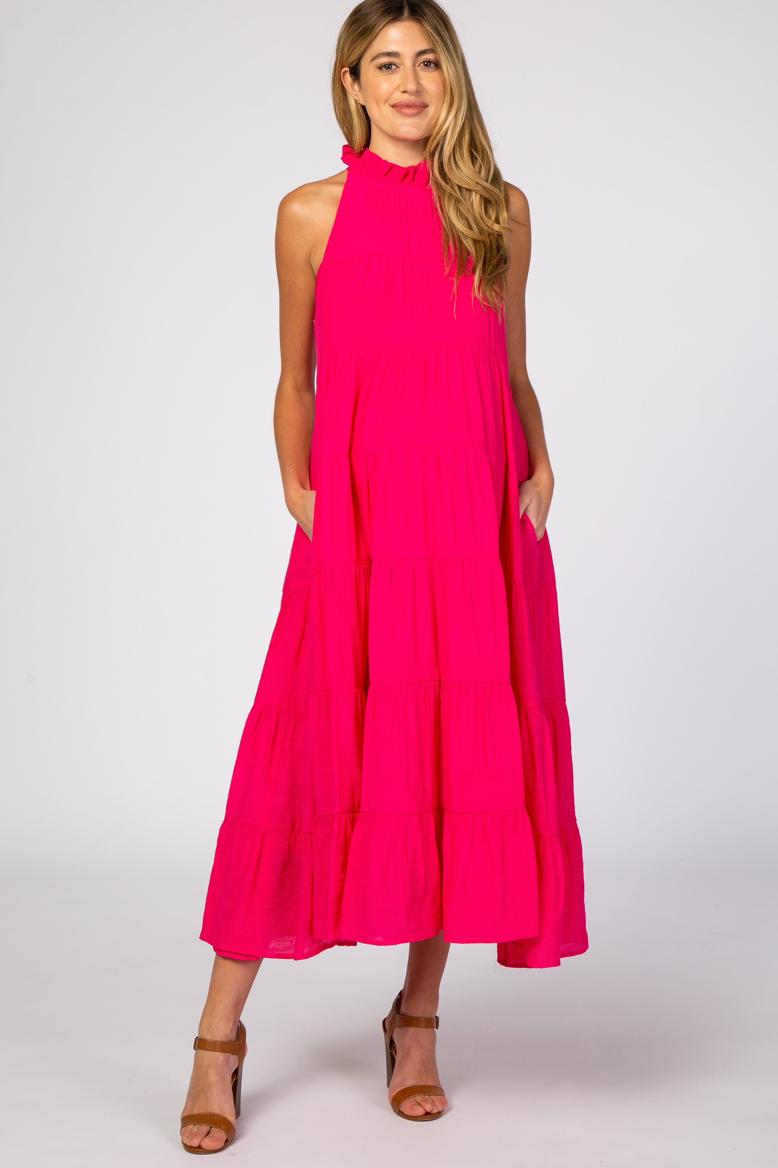 Fuchsia Tiered High Neck Maternity Maxi Dress sold by Pinkblush