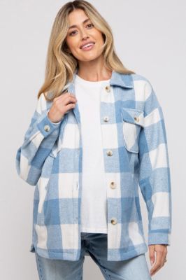 Blue Plaid Brushed Long Maternity Shacket sold by Pinkblush