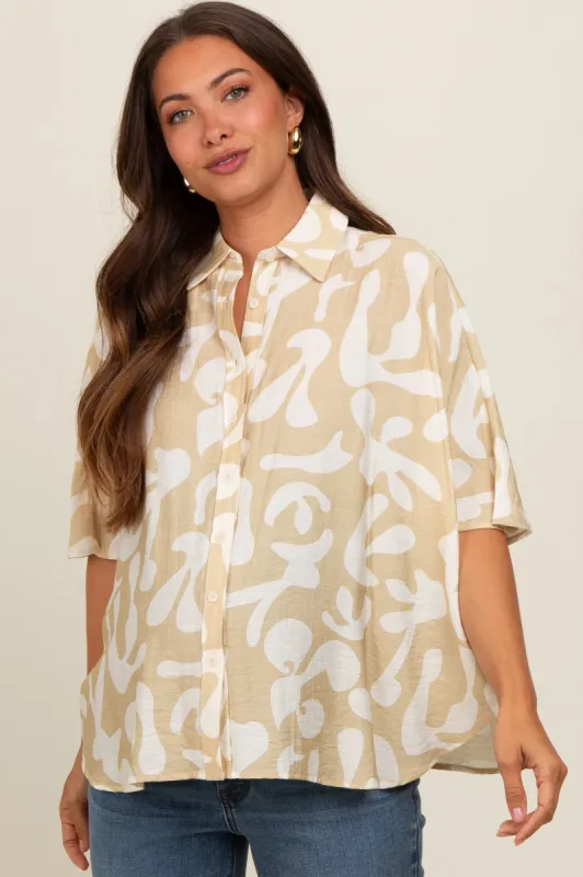 Beige Abstract Leaf Button Down Maternity Shirt sold by Pinkblush
