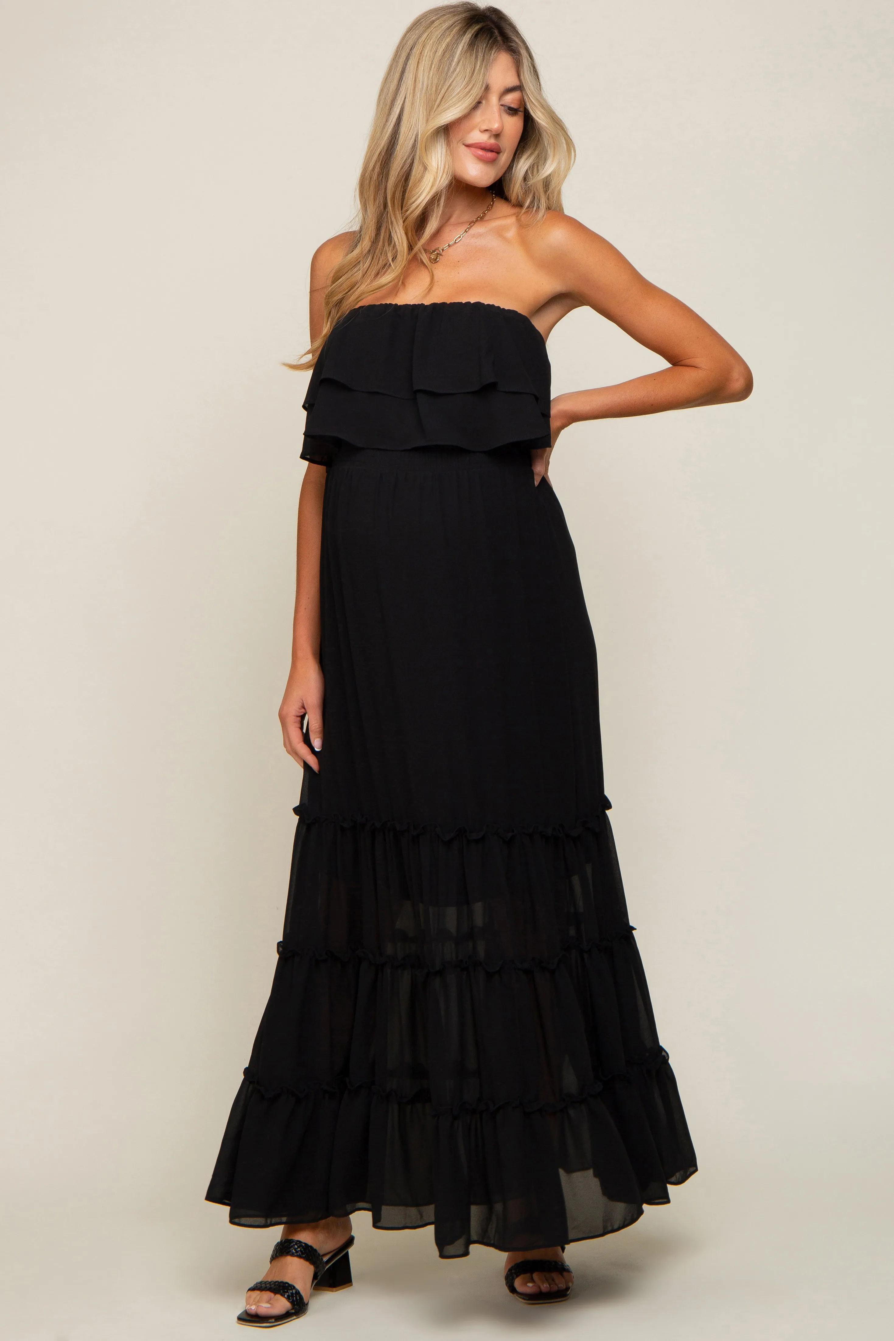 Black Chiffon Strapless Ruffle Tiered Maternity Maxi Dress sold by Pinkblush product image thumbnail 2