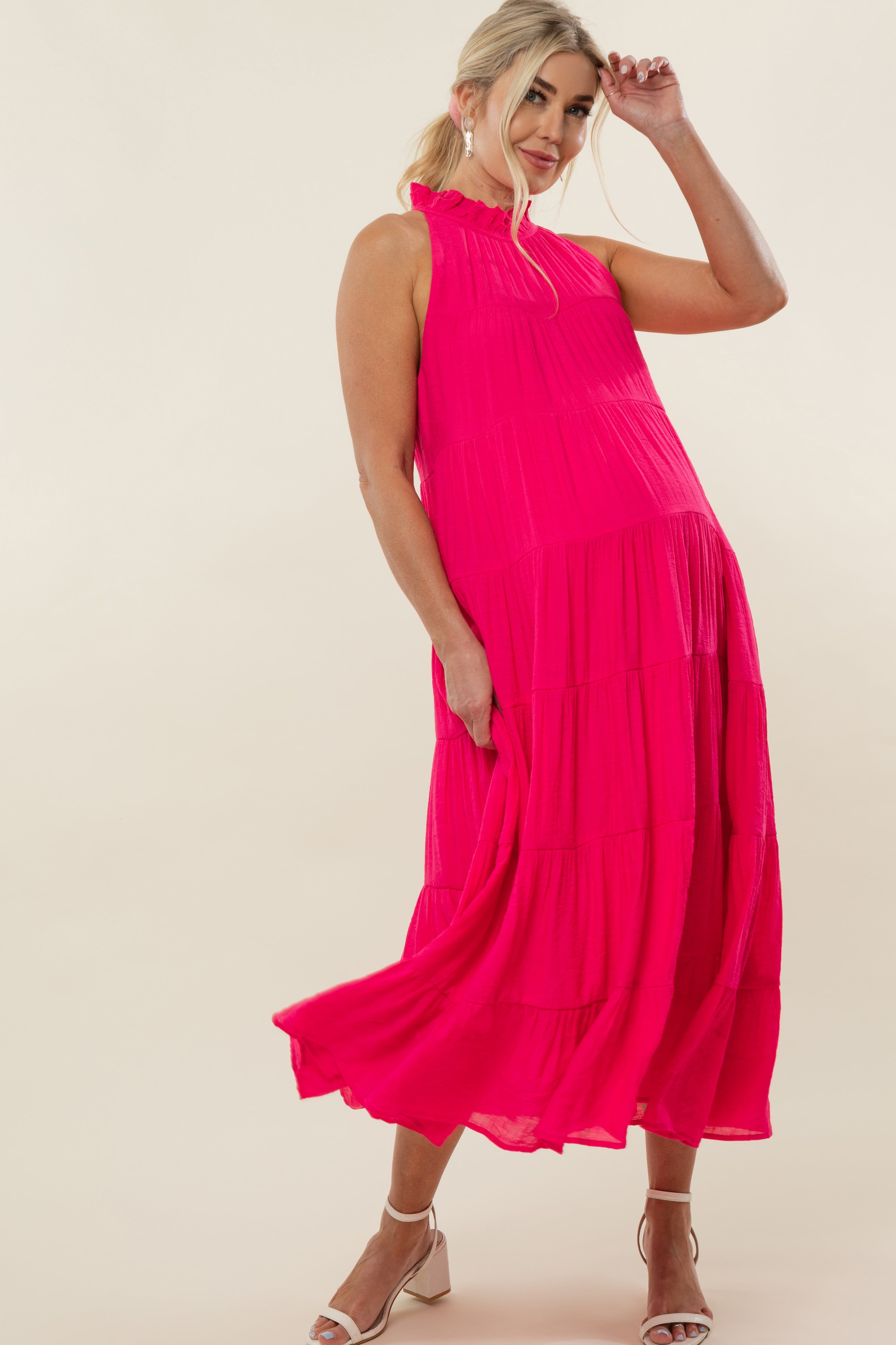 Fuchsia Tiered High Neck Maternity Maxi Dress sold by Pinkblush product image thumbnail 5