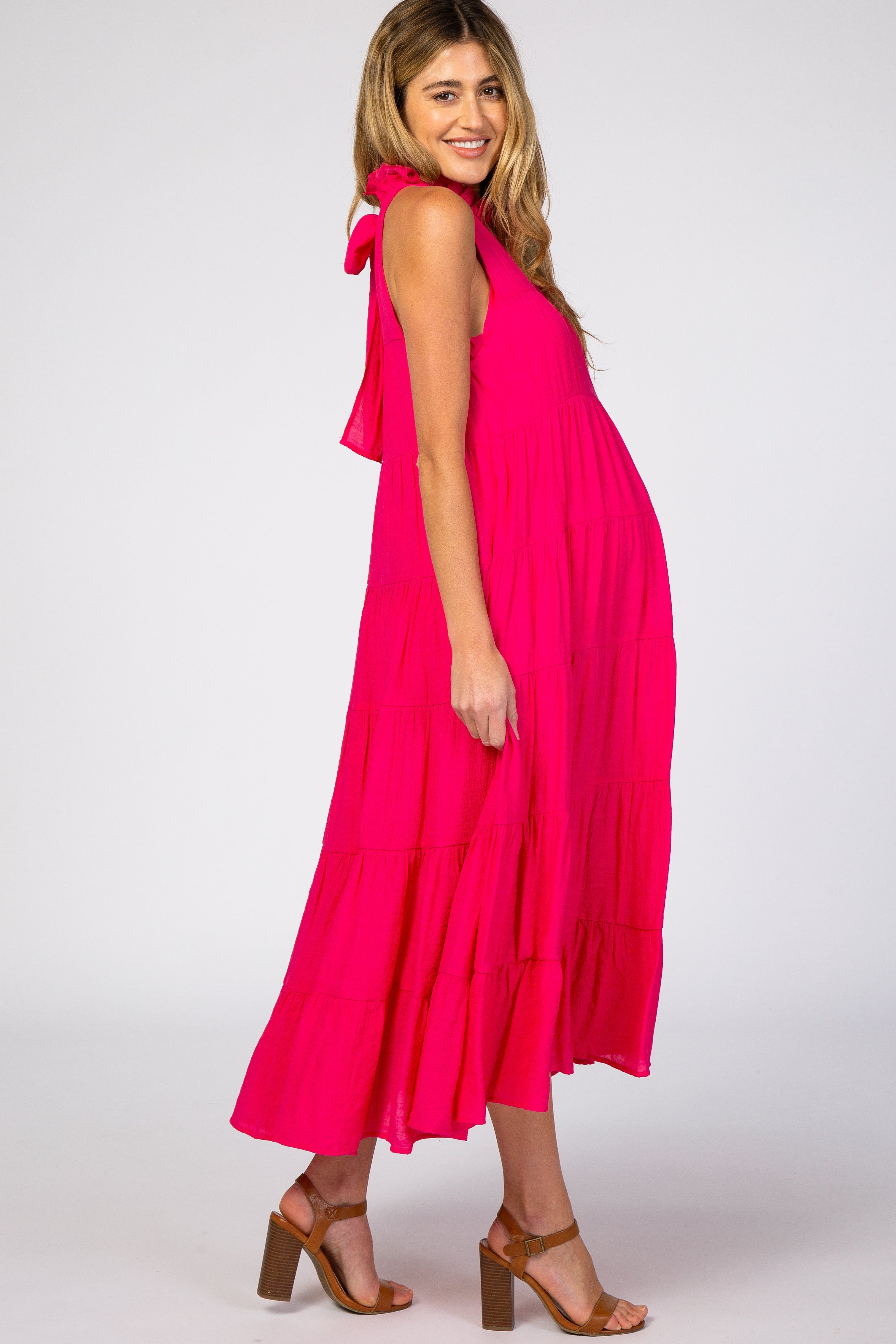 Fuchsia Tiered High Neck Maternity Maxi Dress sold by Pinkblush product image thumbnail 2