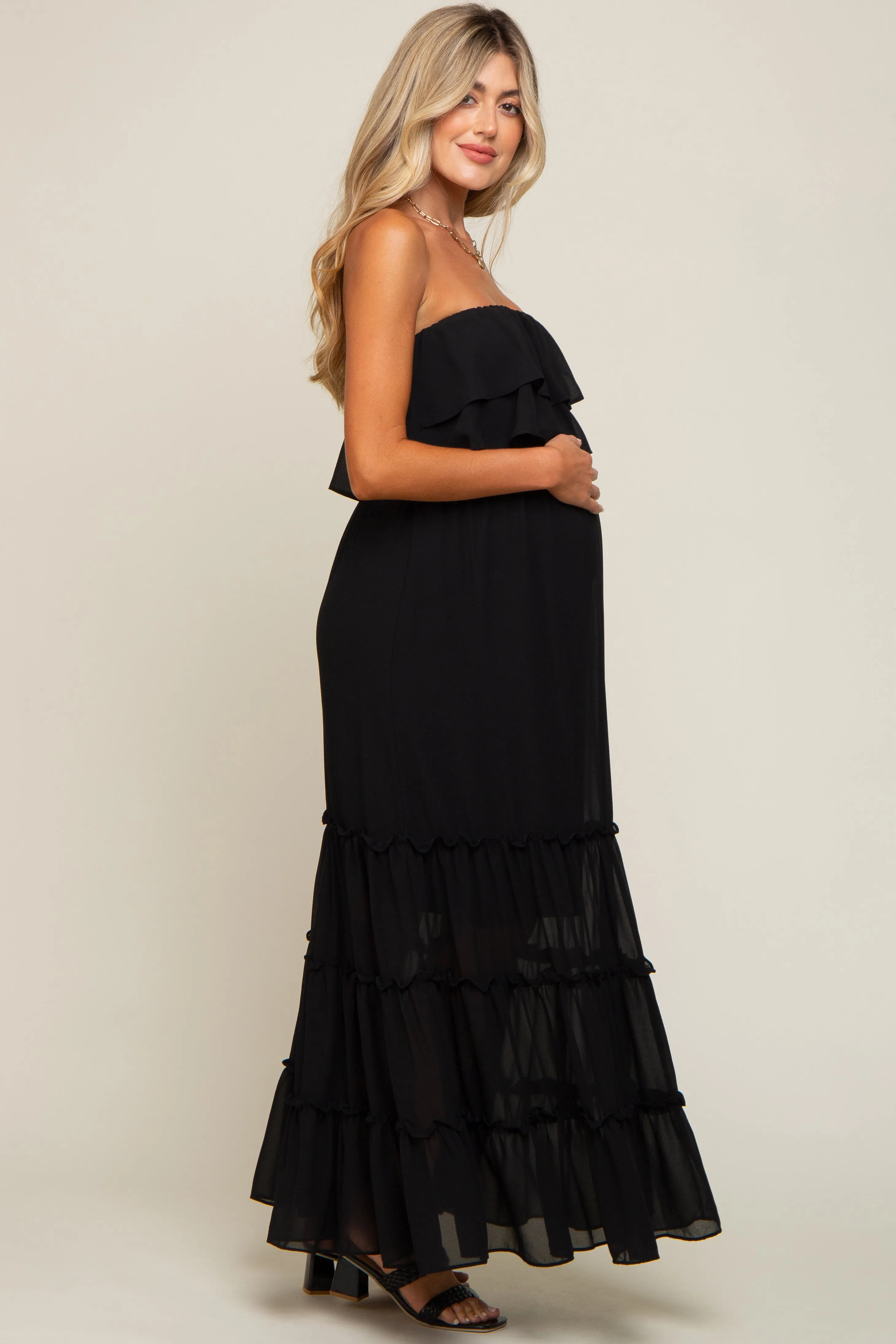 Black Chiffon Strapless Ruffle Tiered Maternity Maxi Dress sold by Pinkblush product image thumbnail 3