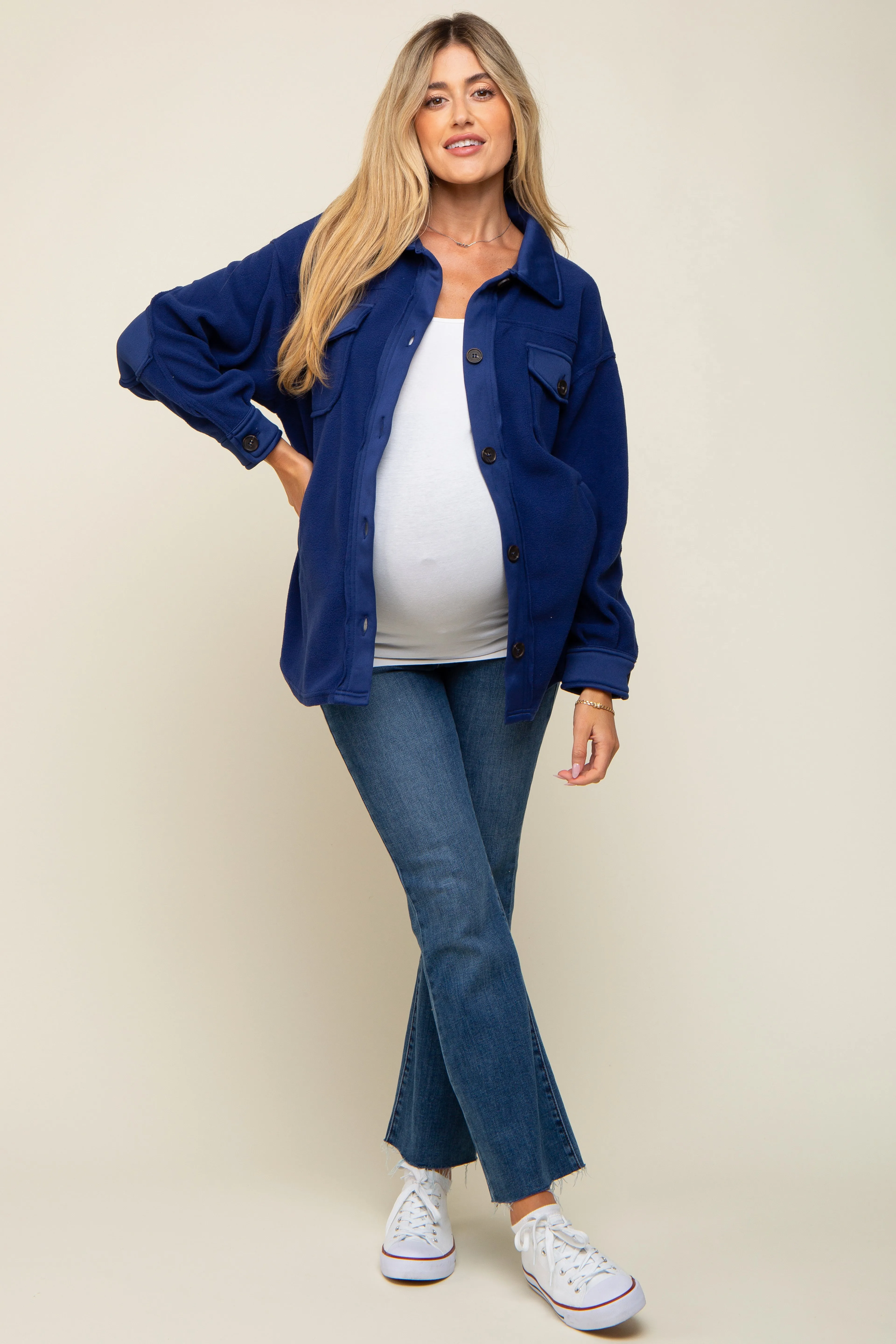 Navy Blue Fleece Double Front Pocket Maternity Jacket sold by Pinkblush product image thumbnail 4