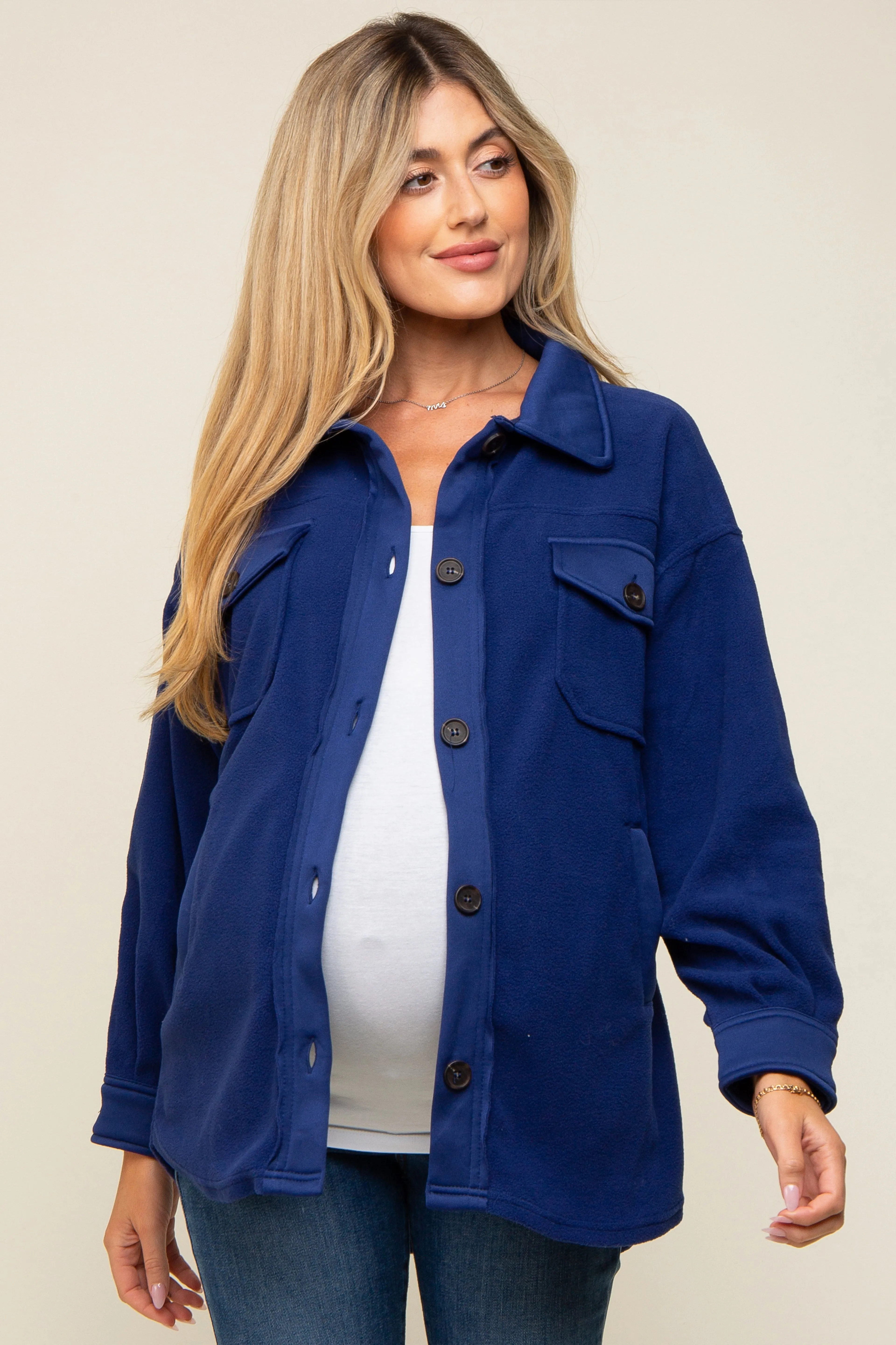 Navy Blue Fleece Double Front Pocket Maternity Jacket sold by Pinkblush