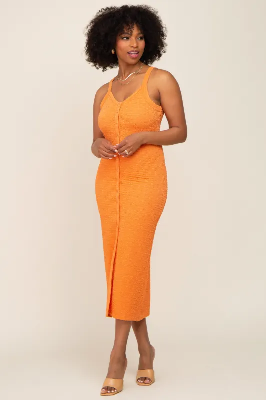 Orange Waffle Knit Snap Front Button Midi Dress sold by Pinkblush