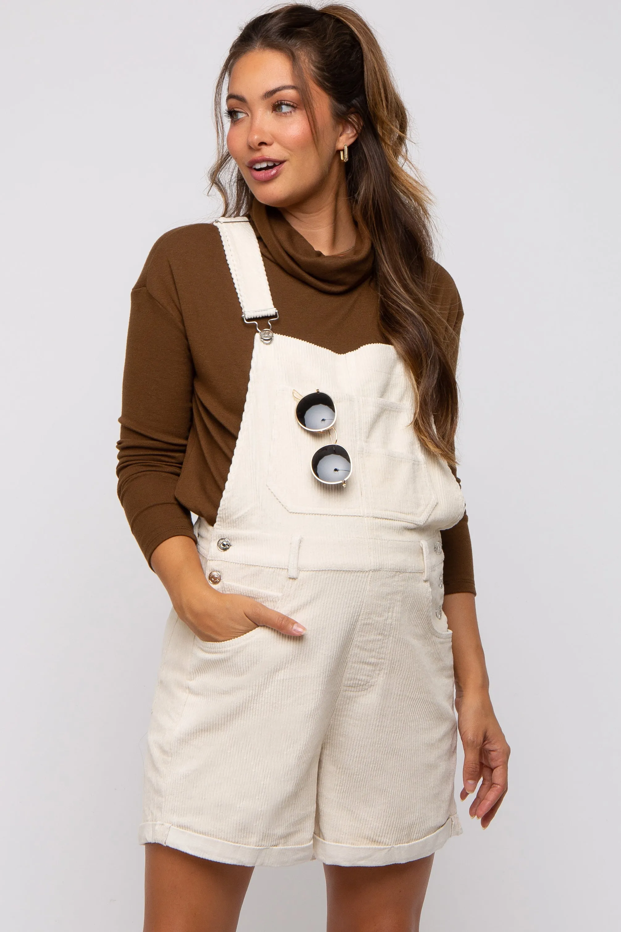 Cream Corduroy Maternity Short Overalls sold by Pinkblush