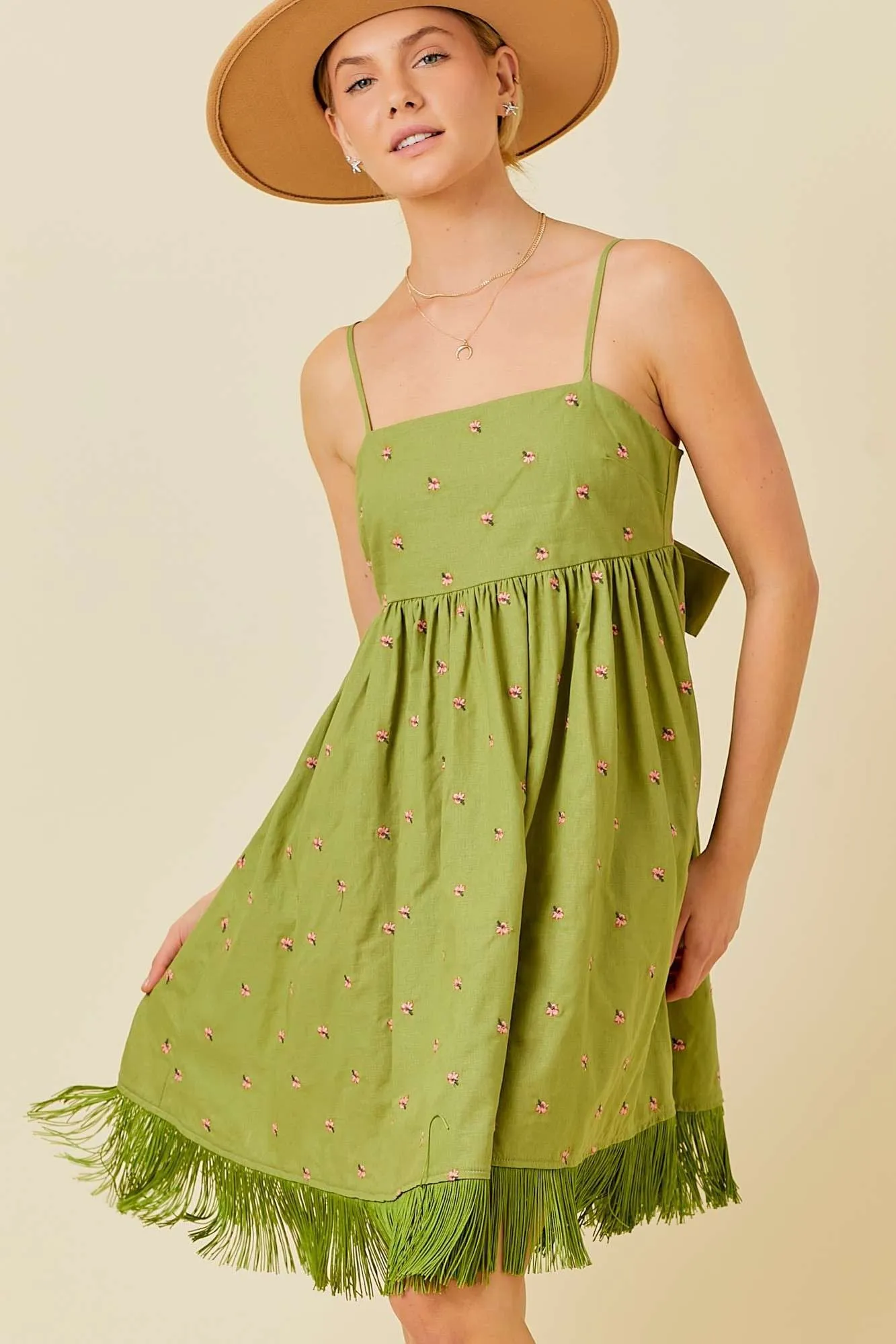 Green Floral Embroidered Back Cutout Tassel Fringe Maternity Dress sold by Pinkblush product image thumbnail 4